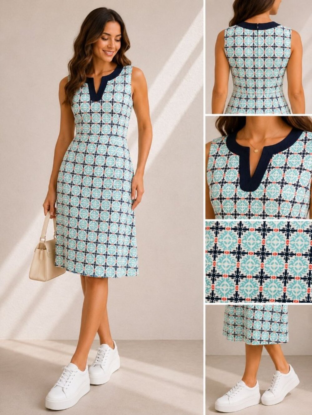 Talbots Womens Size 2‎ Linen Cotton Shift Dress Blue White Geometric Sleeveless